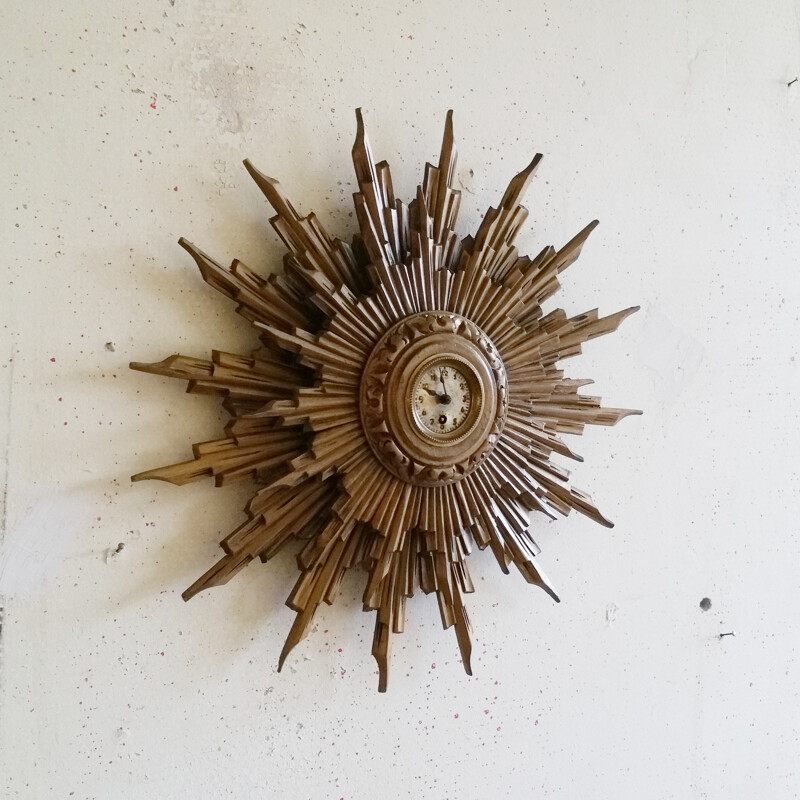 Antique Giltwood Sunburst Wall Clock - 1930s