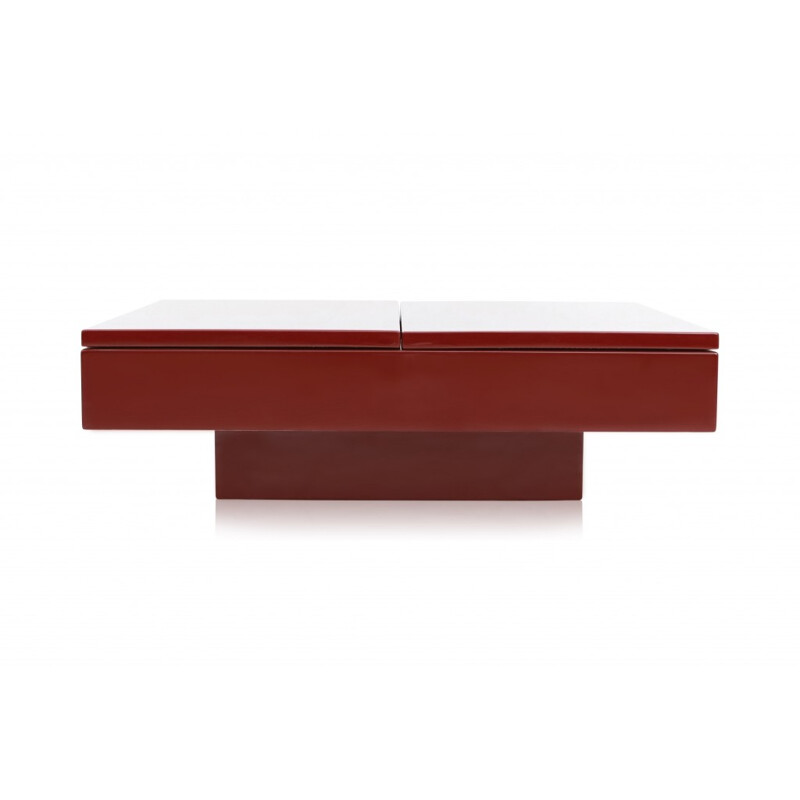 Table basse bar coulissant rouge par Jean Claude Mahey - 1980