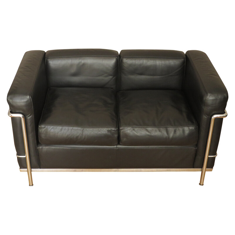 Sofa LC2 in black leather and chromed steel, LE CORBUSIER, PERRIAND et JEANNERET - 2000s