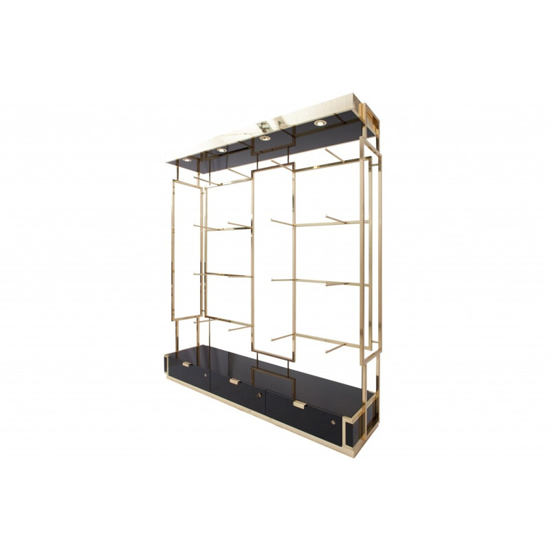 Black lacquer and brass shelves display unit -  1970s