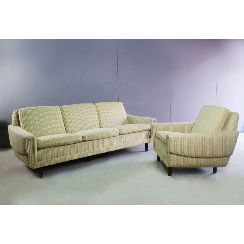 Canapé 3 places danois et fauteuil assorti avec tissu d'origine - 1970