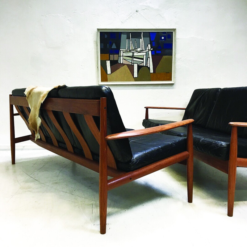 Pair of black leather sofas by Greta Jalk - 1960s 