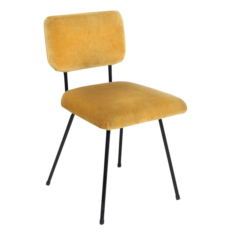 Chaise en métal et tissu jaune moutarde, André SIMARD - années 50