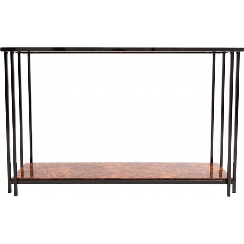 Black Chromed And Burl Console Table - 1980s