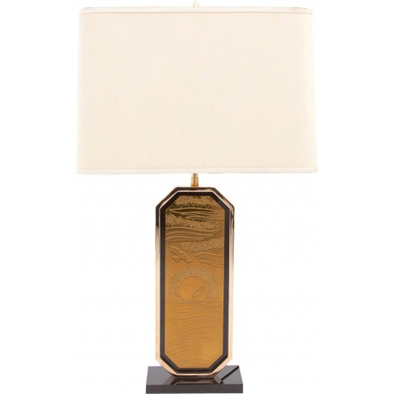 Lampe de Table Gravé en Laiton Plaqué Or - 1980