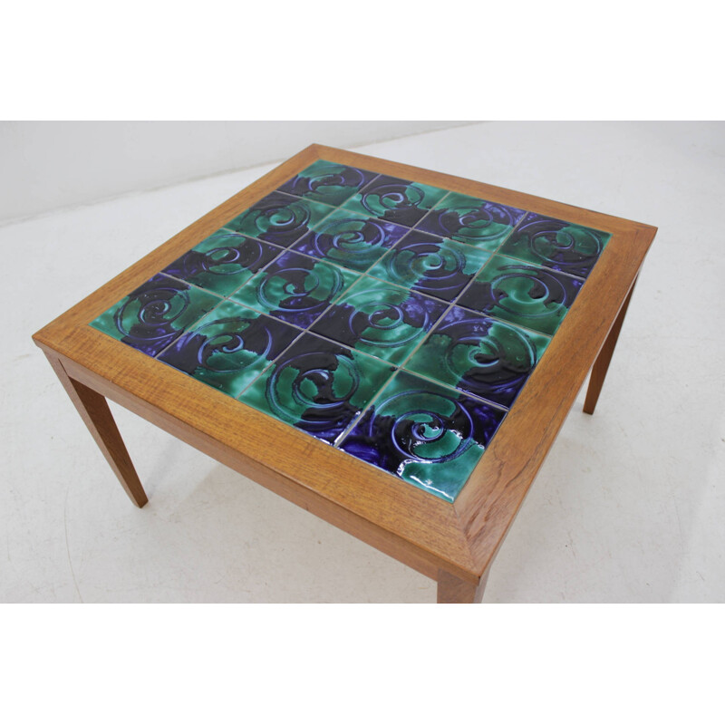 Danish Teak Coffee Table With Ceramic Hand-Painted Tiles - 1960s