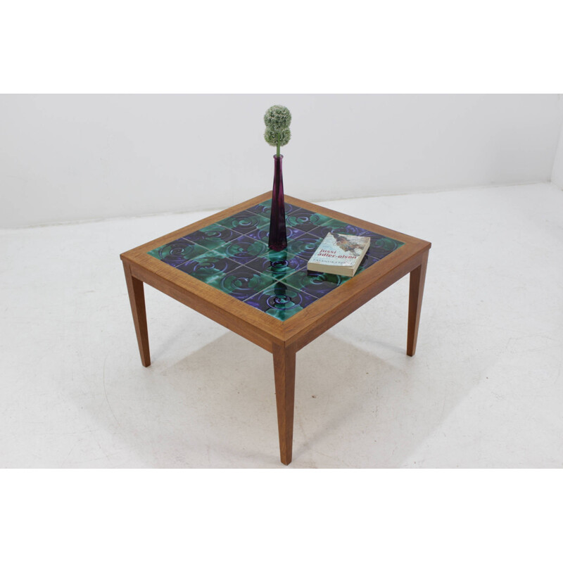 Danish Teak Coffee Table With Ceramic Hand-Painted Tiles - 1960s