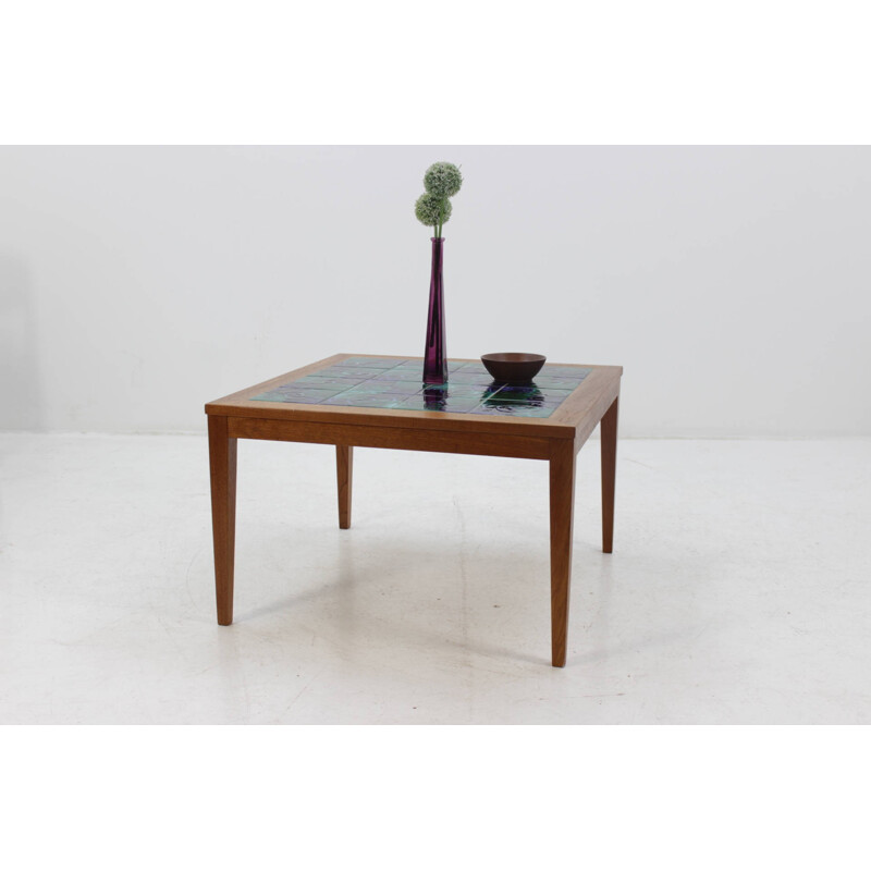 Danish Teak Coffee Table With Ceramic Hand-Painted Tiles - 1960s