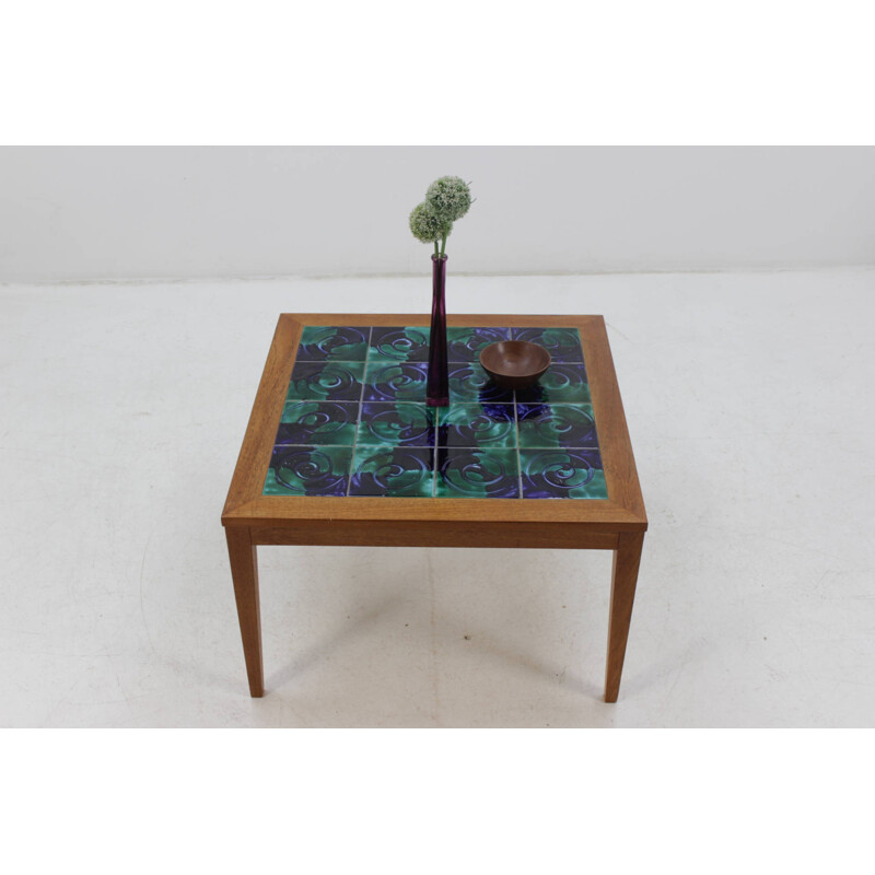 Danish Teak Coffee Table With Ceramic Hand-Painted Tiles - 1960s
