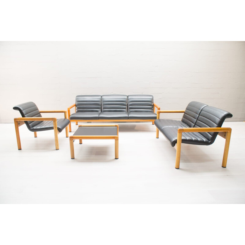 Vintage System Zwo Living Set in Leather and Wood by Flötotto - 1980s