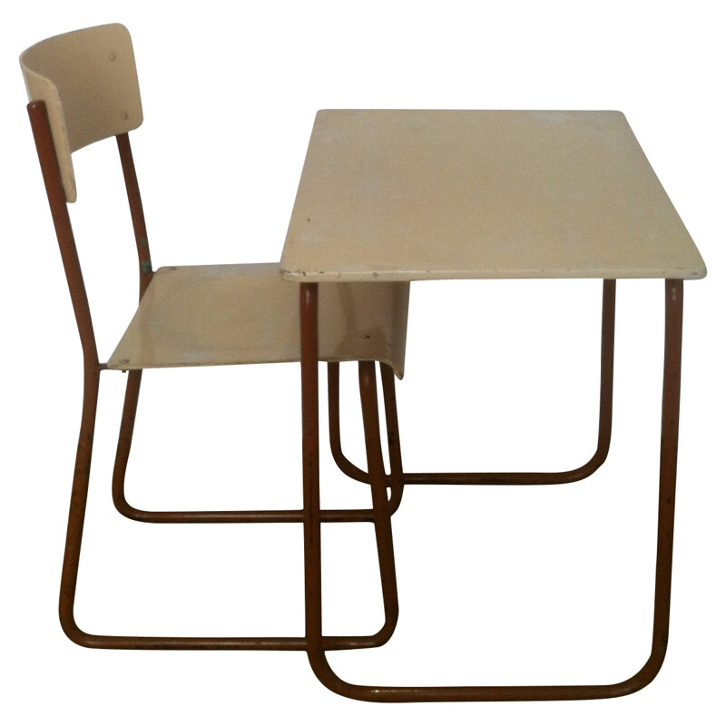 Desk and chair for child in wood and metal - 1950s