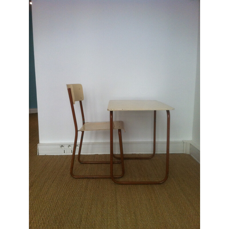 Desk and chair for child in wood and metal - 1950s