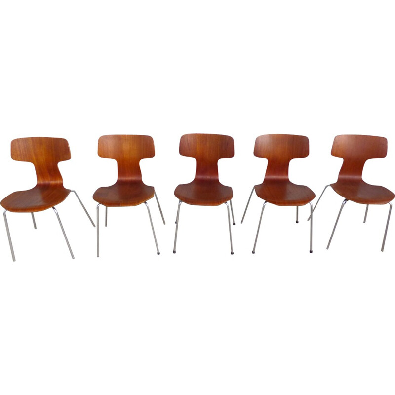 Set of 5 teak hammer chairs by Arne Jacobsen for Fritz Hansen - 1976