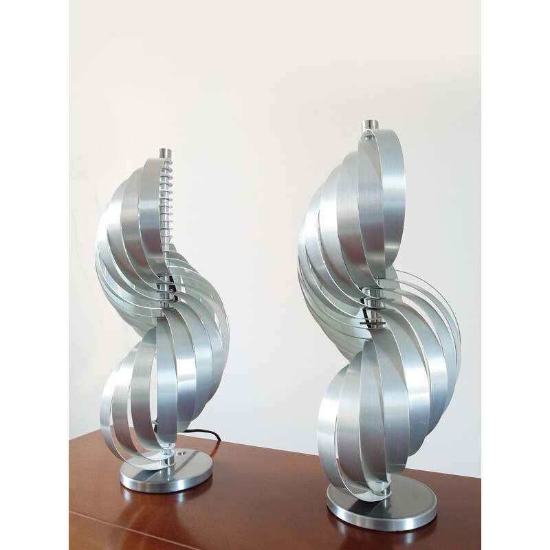 Paire de lampes de table en aluminium brossé par Henri Mathieu - 1970