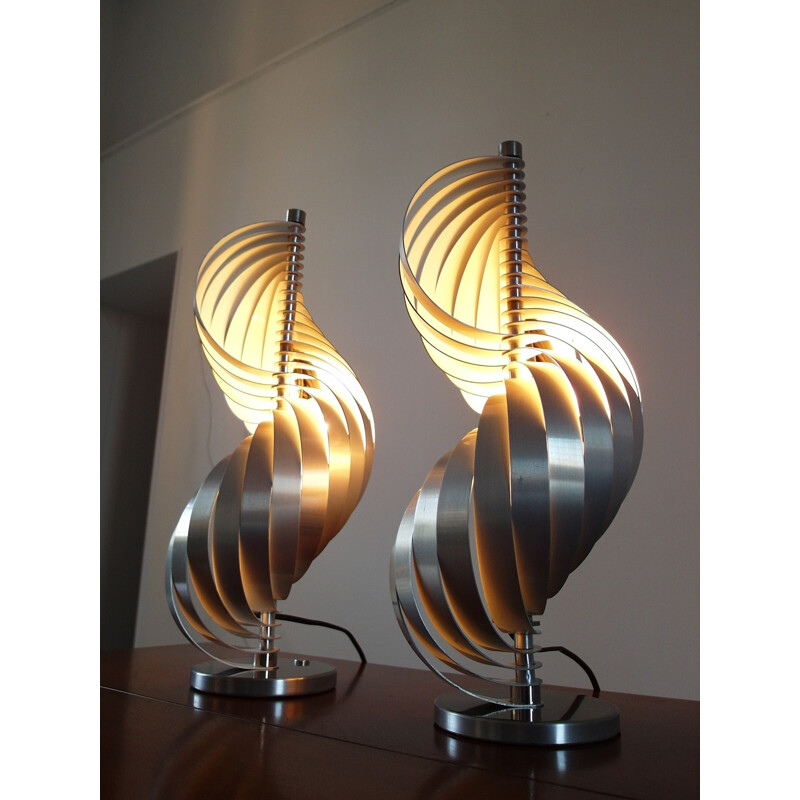 Pair of brushed aluminum shell table lamps by Henri Mathieu - 1970s