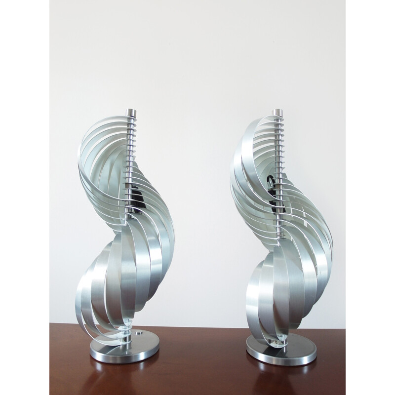 Pair of brushed aluminum shell table lamps by Henri Mathieu - 1970s