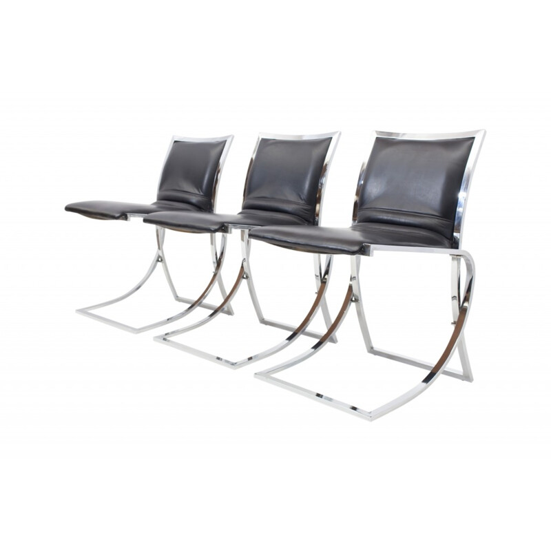 Set of 6 black leather & chrome dining chairs by Maison Jansen - 1970s