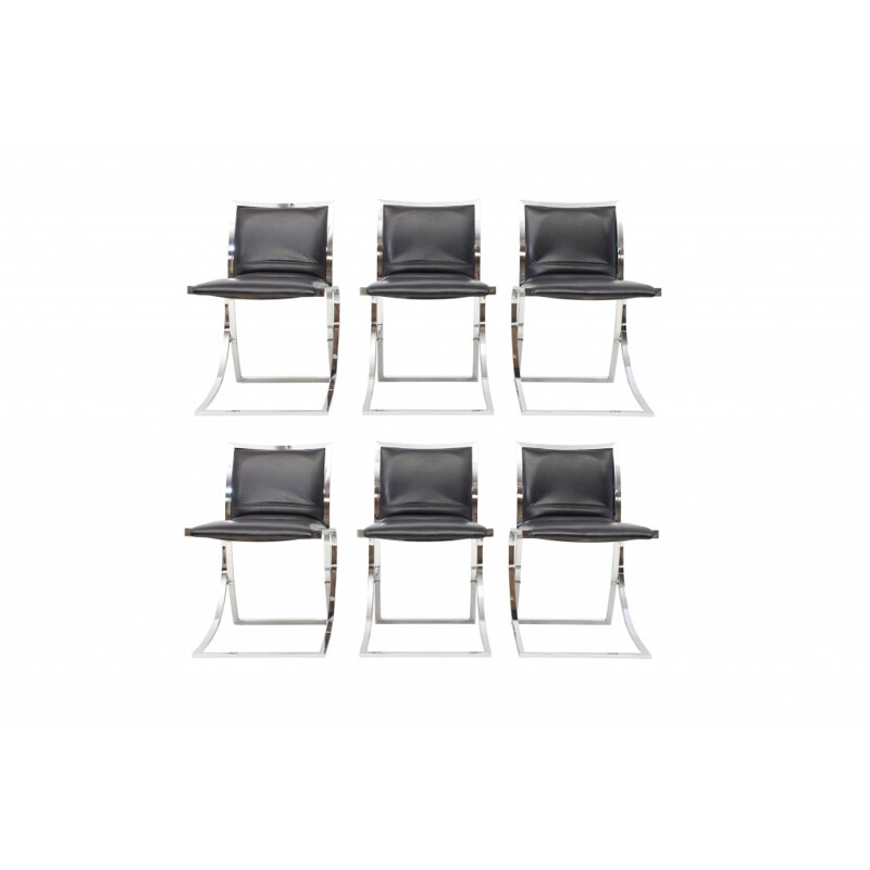 Suite de 6 chaises à repas en cuir noir et chrome par Maison Jansen - 1970