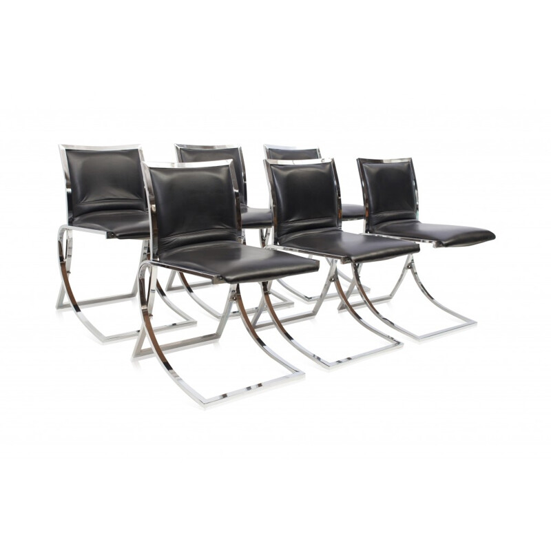 Set of 6 black leather & chrome dining chairs by Maison Jansen - 1970s