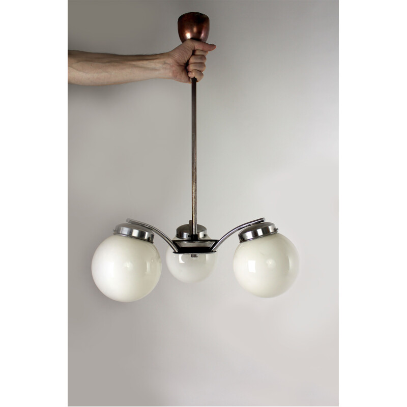Chromed Metal & Glass Pendant Lamp by Napako - 1940s