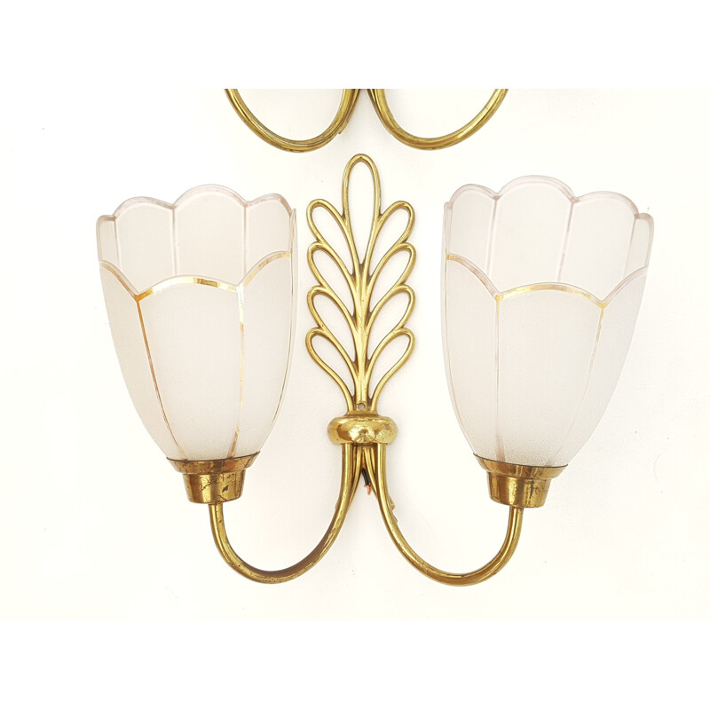 Pair of gilt brass and glass wall lamps - 1950s