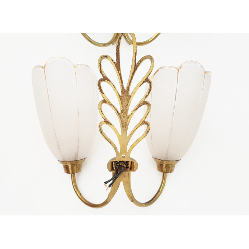 Pair of gilt brass and glass wall lamps - 1950s