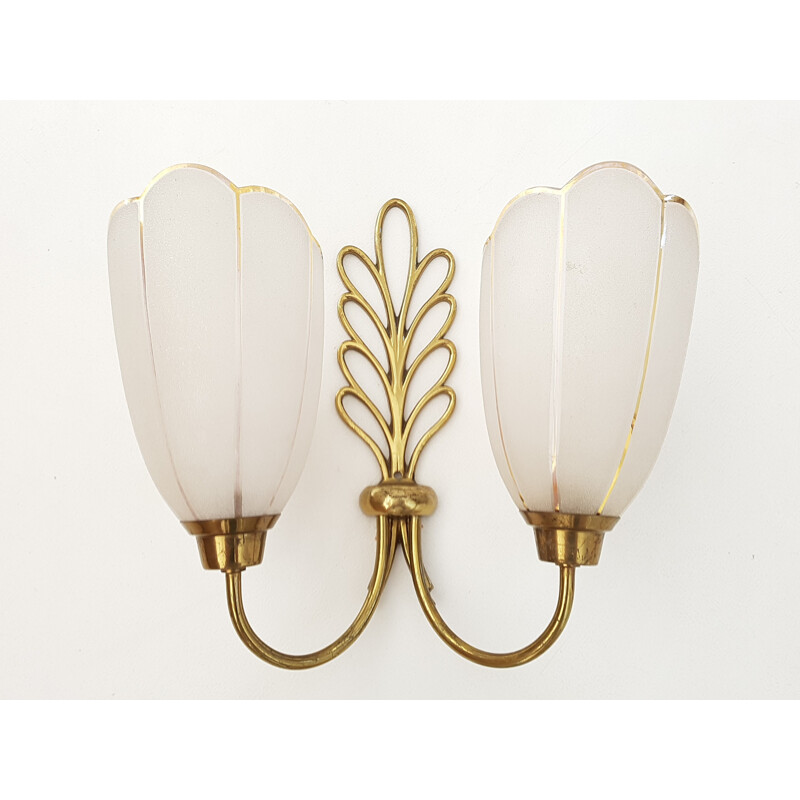 Pair of gilt brass and glass wall lamps - 1950s