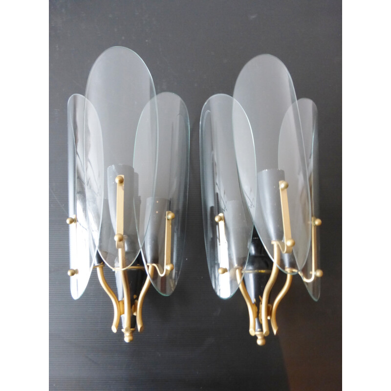 Pair of metal, brass and glass wall lamps - 1950s