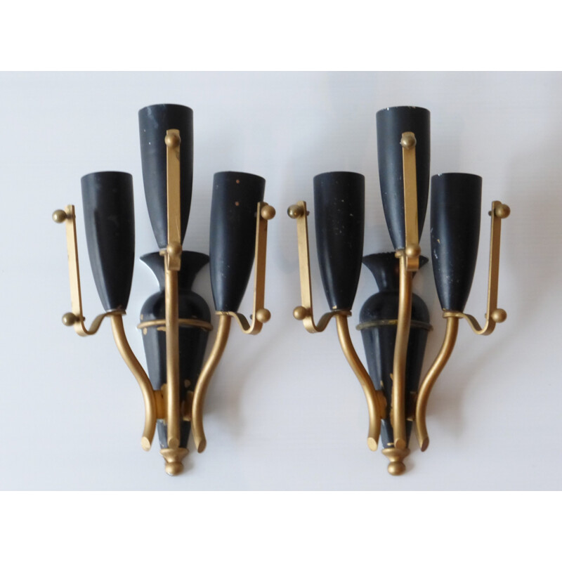 Pair of metal, brass and glass wall lamps - 1950s