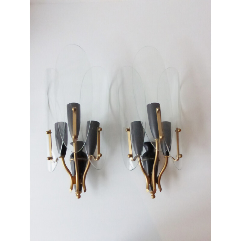 Pair of metal, brass and glass wall lamps - 1950s