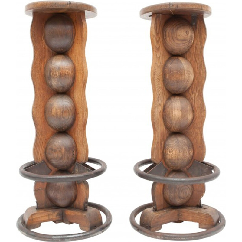 Pair of organic rustic pair of stools in oak by Charles Dudouyt - 1950s