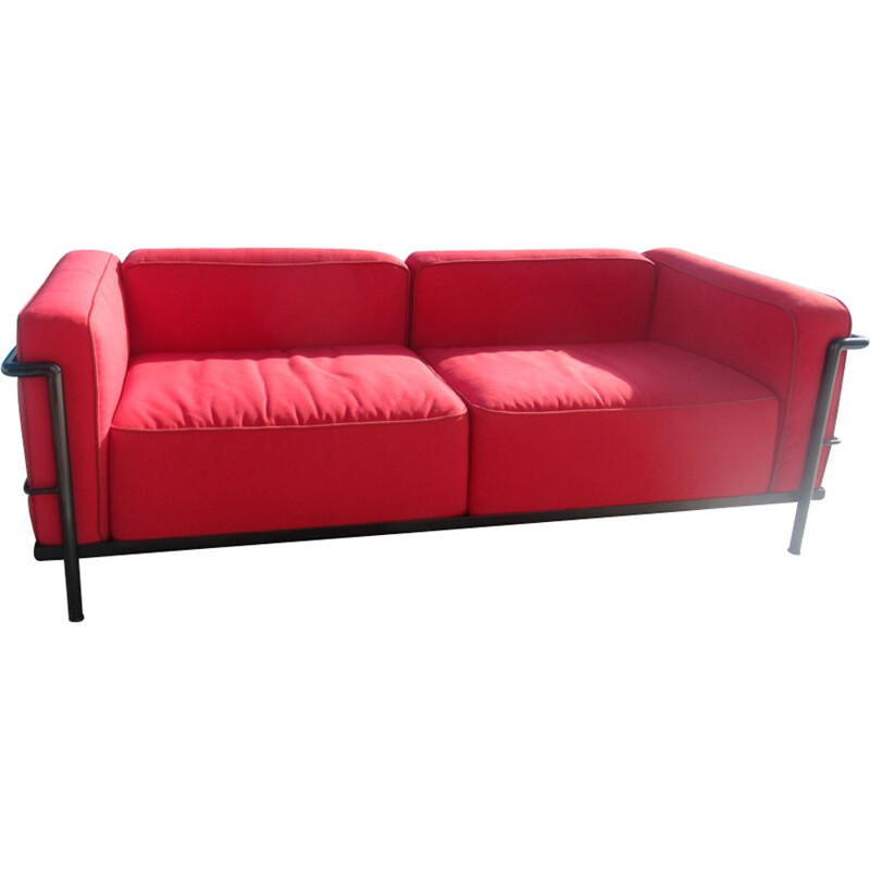 2-seater sofa "LC3" in red fabric by Le corbusier for Cassina - 1980s