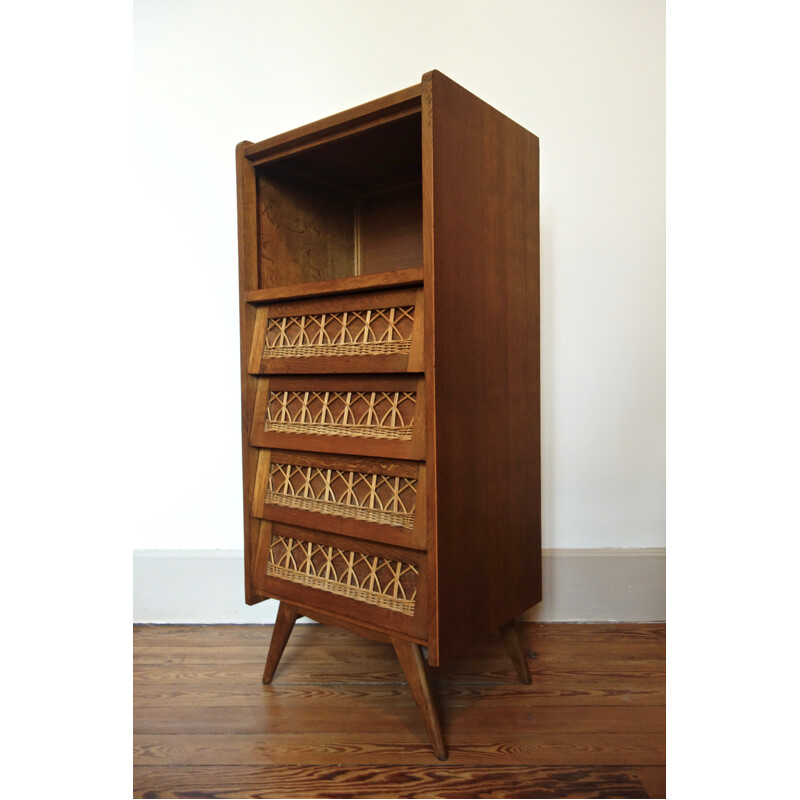 Oak and rattan chest of drawers - 1950s