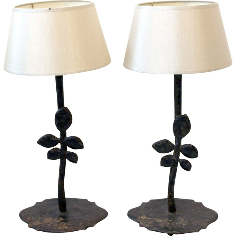 Vintage pair of beaten steel lamps - 1980s