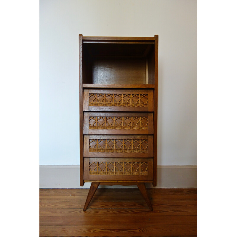 Oak and rattan chest of drawers - 1950s