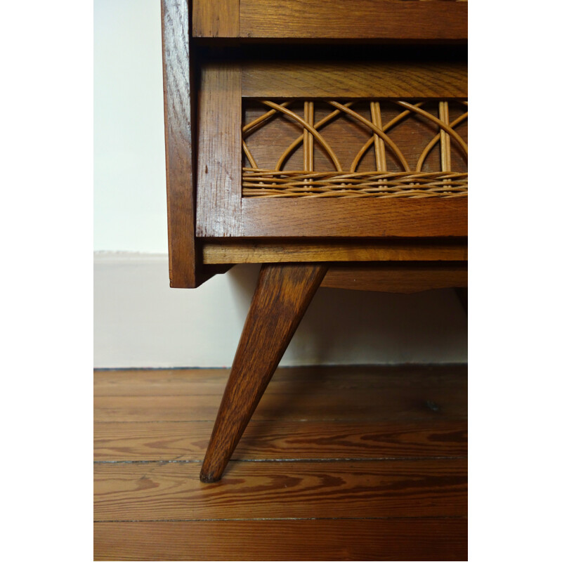 Oak and rattan chest of drawers - 1950s