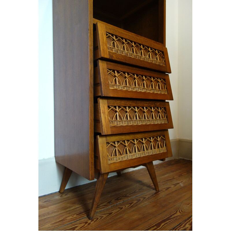 Oak and rattan chest of drawers - 1950s