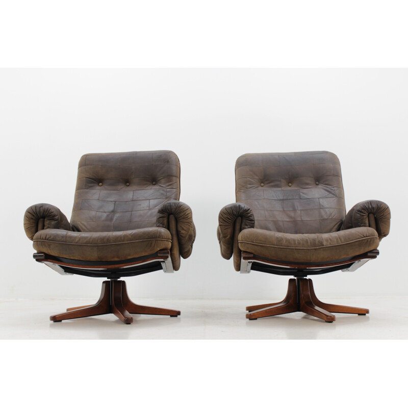 Pair of Scandinavian Design Leather Armchairs - 1970s