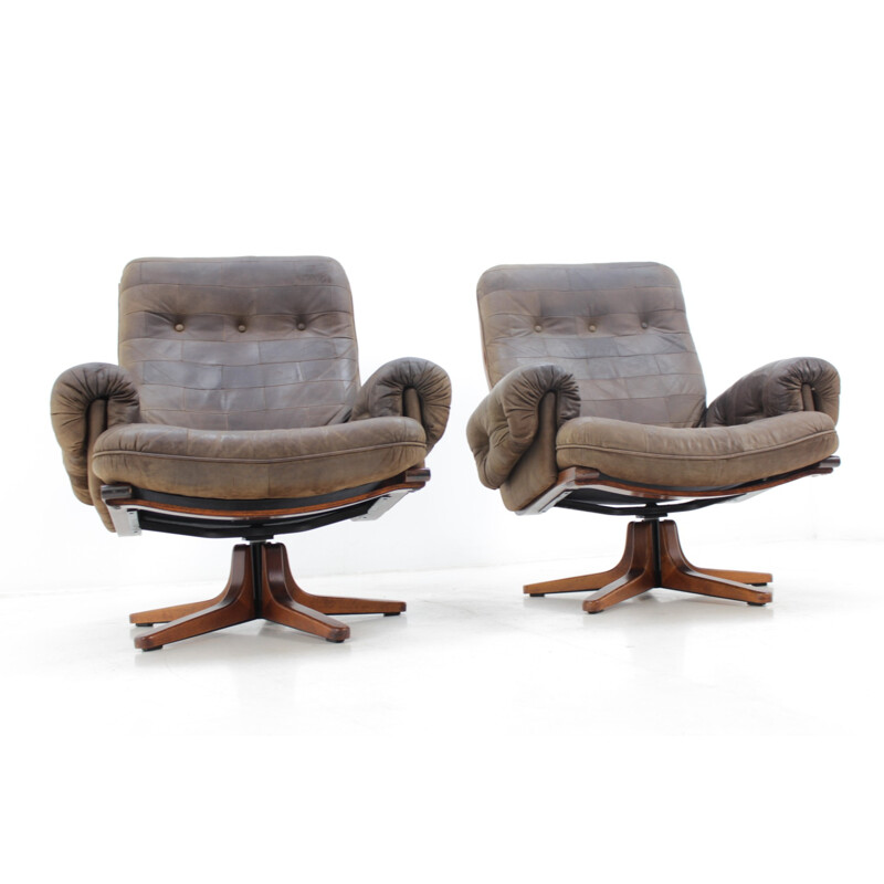 Pair of Scandinavian Design Leather Armchairs - 1970s