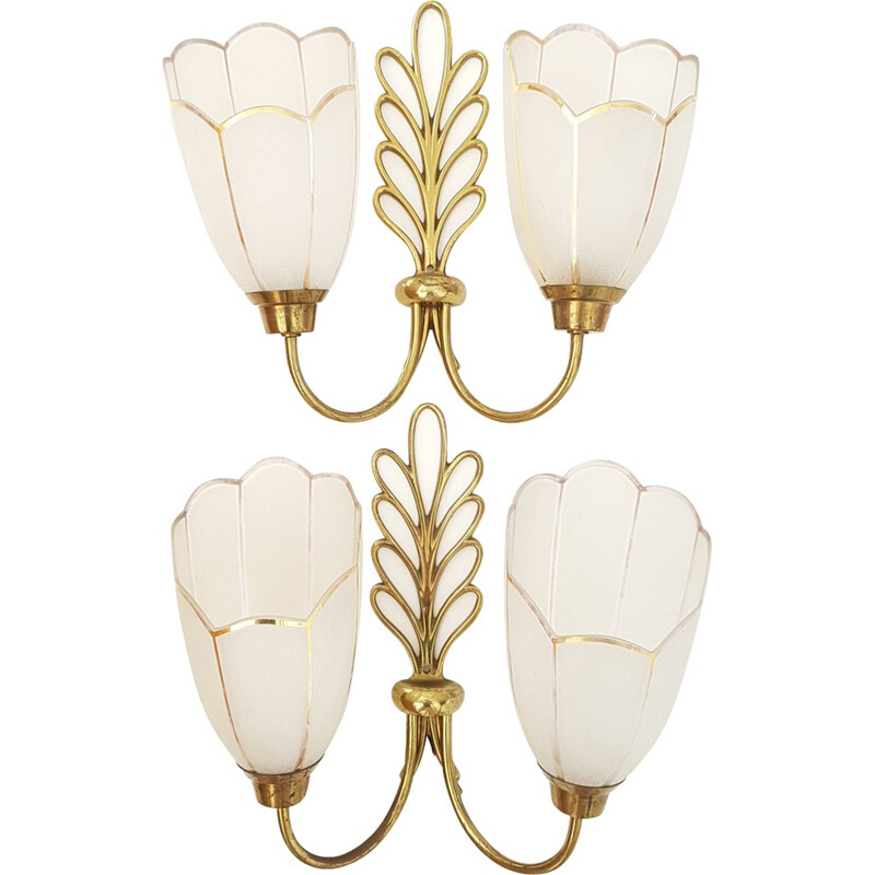 Pair of gilt brass and glass wall lamps - 1950s