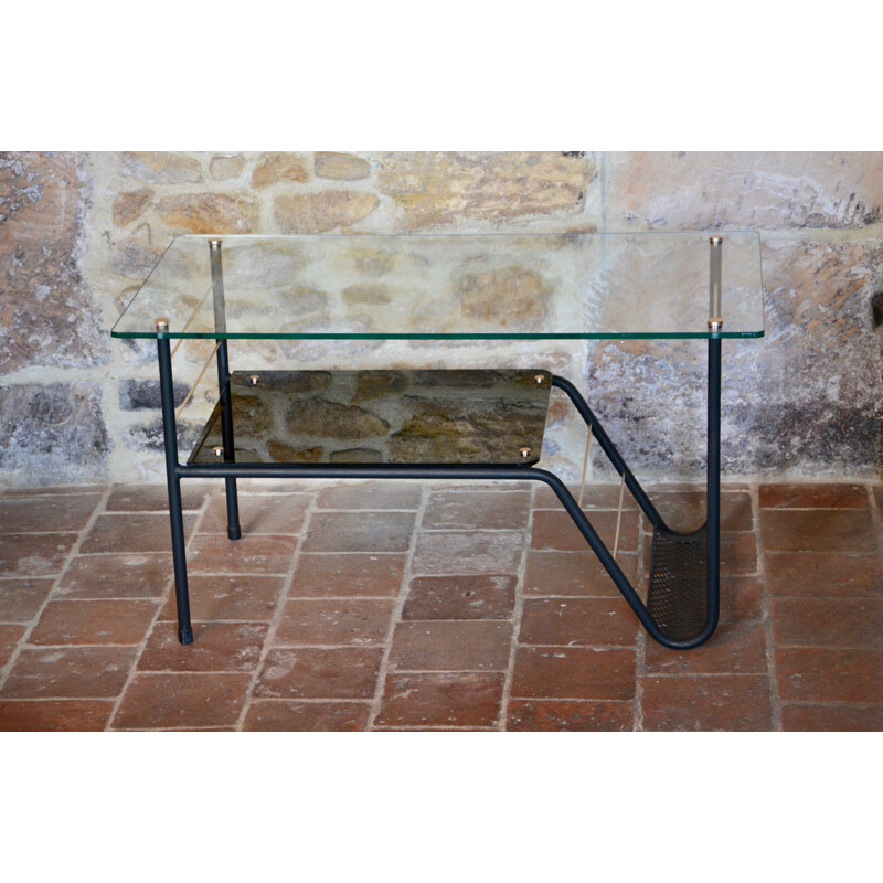 Vintage coffee table with magazine rack in metal and glass, 1950