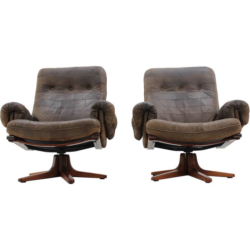 Pair of Scandinavian Design Leather Armchairs - 1970s