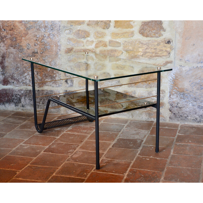 Vintage coffee table with magazine rack in metal and glass, 1950