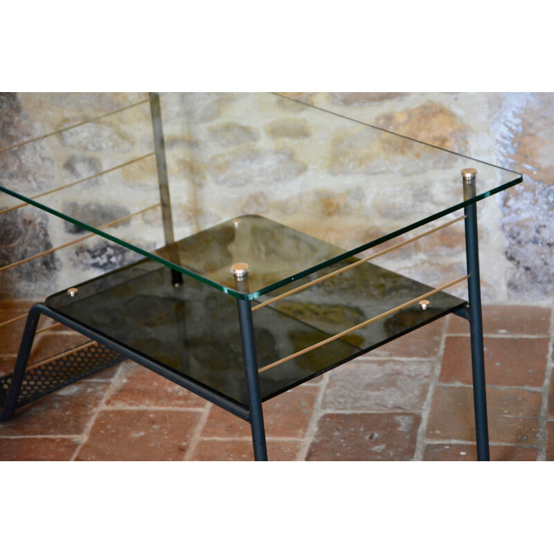 Vintage coffee table with magazine rack in metal and glass, 1950