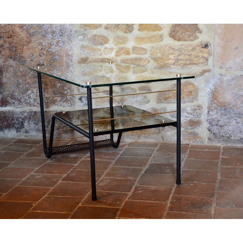 Vintage coffee table with magazine rack in metal and glass, 1950