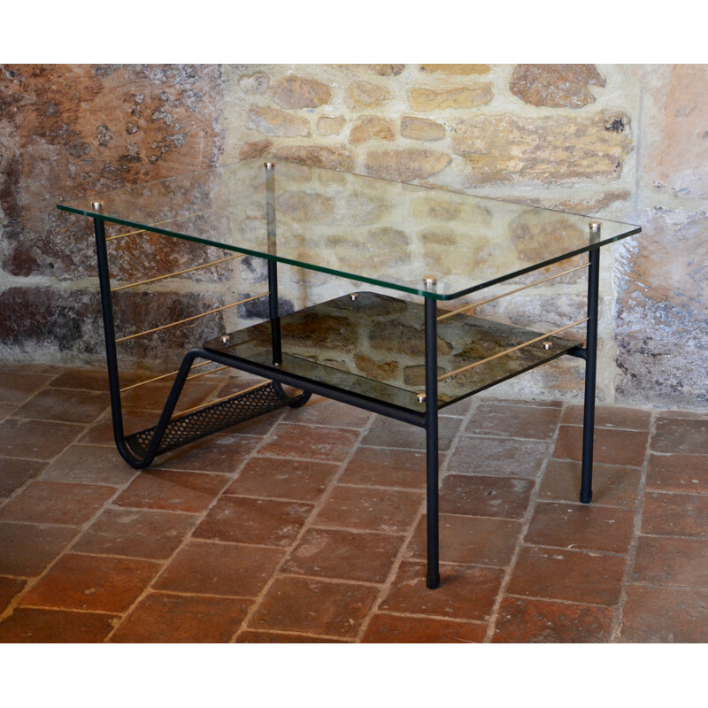 Vintage coffee table with magazine rack in metal and glass, 1950