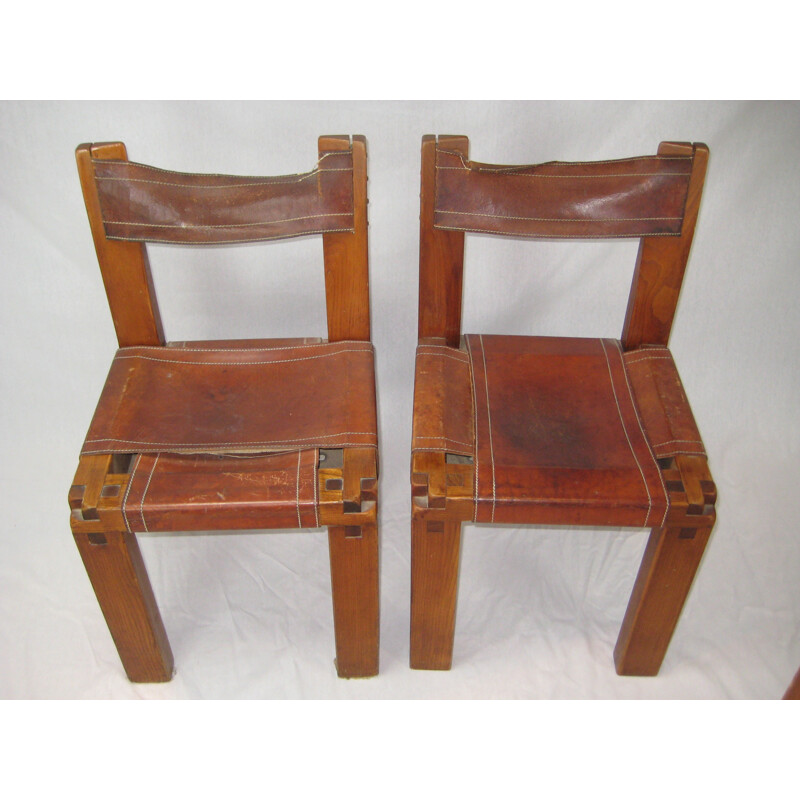 Set of 4 S11 in solid elm and leather chairs by Pierre Chapo - 1970s