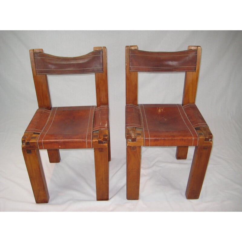 Set of 4 S11 in solid elm and leather chairs by Pierre Chapo - 1970s