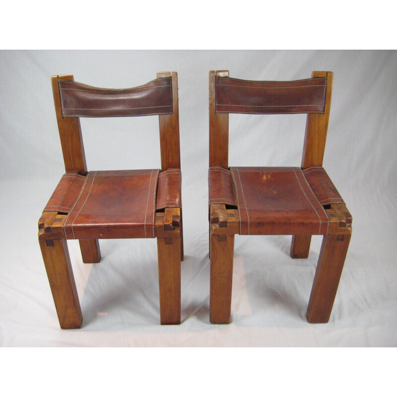 Set of 4 S11 in solid elm and leather chairs by Pierre Chapo - 1970s