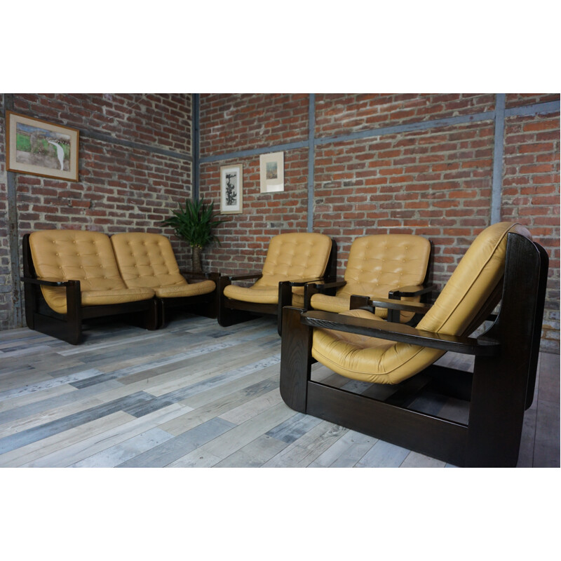 Living room in solid wood and yellow leather - 1960s